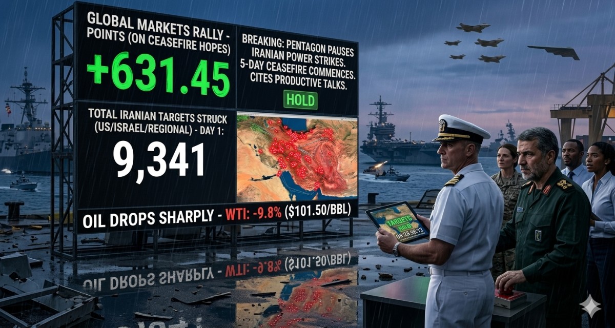 ईरान के खिलाफ अमेरिका-इज़राइल युद्ध — दिन 25: ट्रंप का पाँच दिन का विराम, तेहरान का दोहरा संकेत, 9,000 ठिकाने तबाह और बाजारों में उछाल