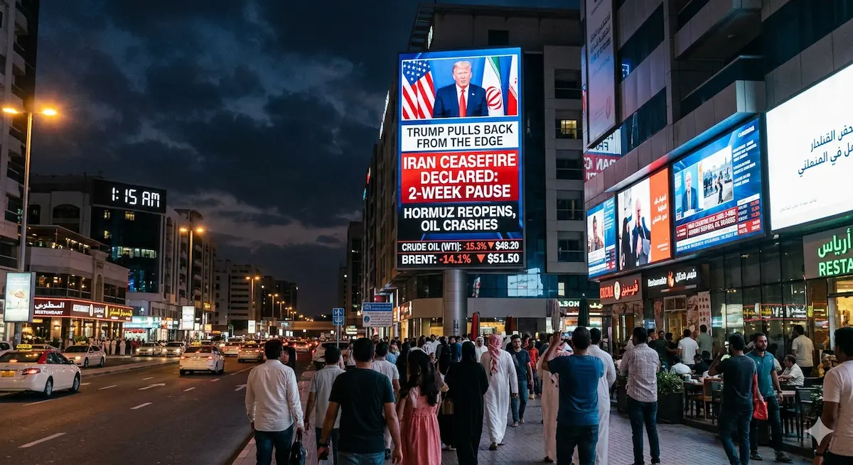 A wide-angle evening shot of a busy city street in the Middle East, where a massive digital billboard displays a breaking news broadcast. The headline reads "TRUMP PULLS BACK FROM THE EDGE" and "IRAN CEASEFIRE DECLARED: 2-WEEK PAUSE," accompanied by "HORMUZ REOPENS, OIL CRASHES." Below the text, a financial ticker shows oil prices (WTI and Brent) plummeting by over 14%. Pedestrians on the sidewalk and diners at outdoor cafes are seen looking up at the screen in a moment of collective focus under the night sky.