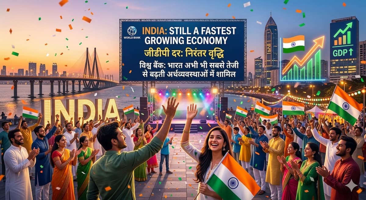 "Ek vibrant aur celebratory scene jismein ek badi bheed Mumbai ke Marine Drive jaisi jagah par khadi hai. Background mein skyline aur Bandra-Worli Sea Link nazar aa raha hai. Beech mein ek badi digital screen par World Bank ka logo hai aur likha hai, 'INDIA: STILL A FASTEST GROWING ECONOMY'. Neeche Hindi mein bhi wahi sandesh likha hai. Log khushi se jhum rahe hain, haath utha rahe hain aur Indian flags lehra rahe hain. Side mein ek chamakta hua 'GDP Up' ka graph upar ki taraf jata hua dikhaye de raha hai, jo India ki economic progress ko darshata hai."