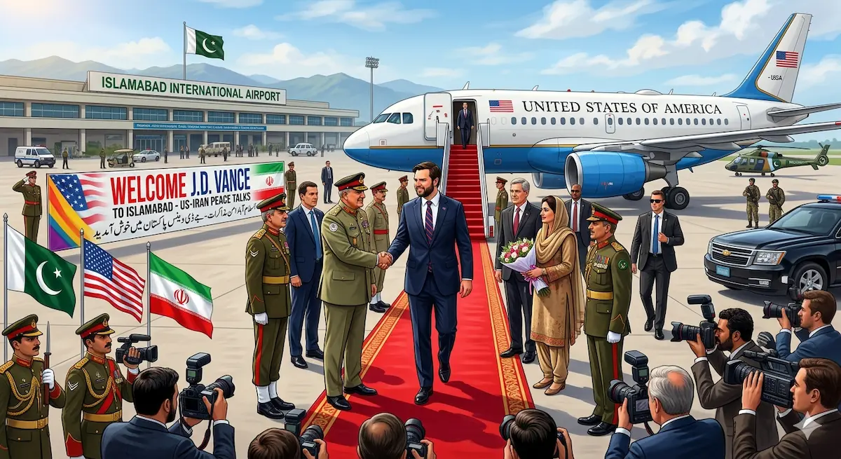 An illustration of JD Vance arriving at Islamabad International Airport for US-Iran peace talks. He is shown shaking hands with Pakistani officials on a red carpet in front of a "United States of America" aircraft, surrounded by military personnel, flags of the US, Iran, and Pakistan, and members of the press.
