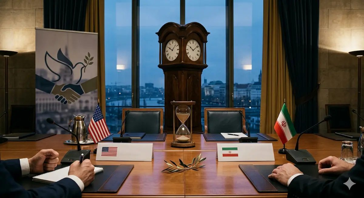 Trump on US -IRAN Peace Talks .A photo of a tense diplomatic meeting between US and Iranian officials.