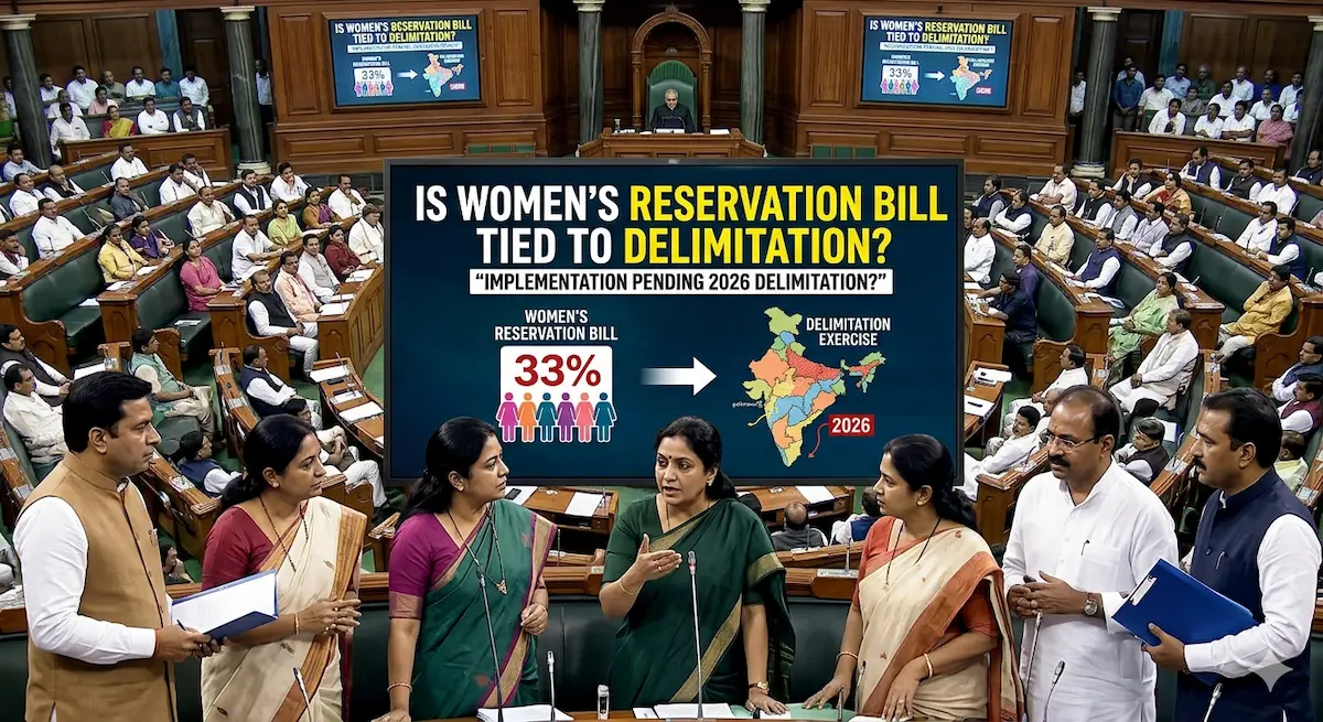 An infographic in the Indian Parliament showing the link between the 33% Women's Reservation Bill and the 2026 Delimitation exercise.