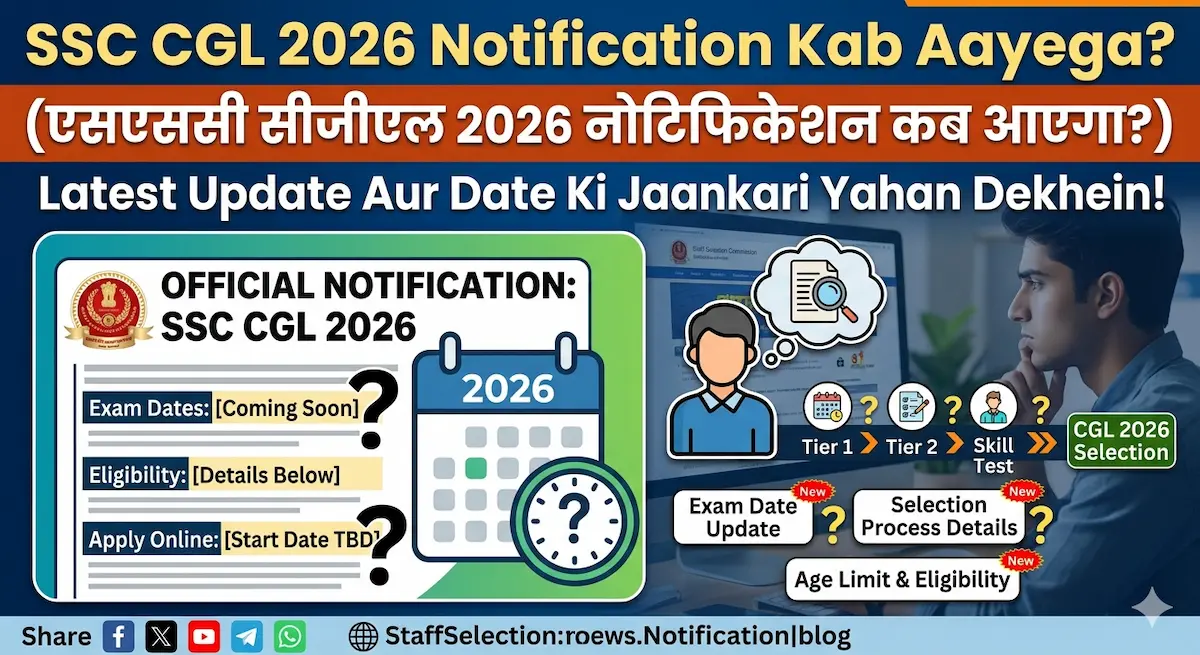 SSC CGL 2026 notification se juda ek news thumbnail, jismein "SSC CGL 2026 Notification Kab Aayega?" bade aksharon mein likha hai. Image mein ek candidate computer screen ke samne baitha hai aur side mein exam dates, eligibility, aur selection process se jude icons aur question marks bane hain.